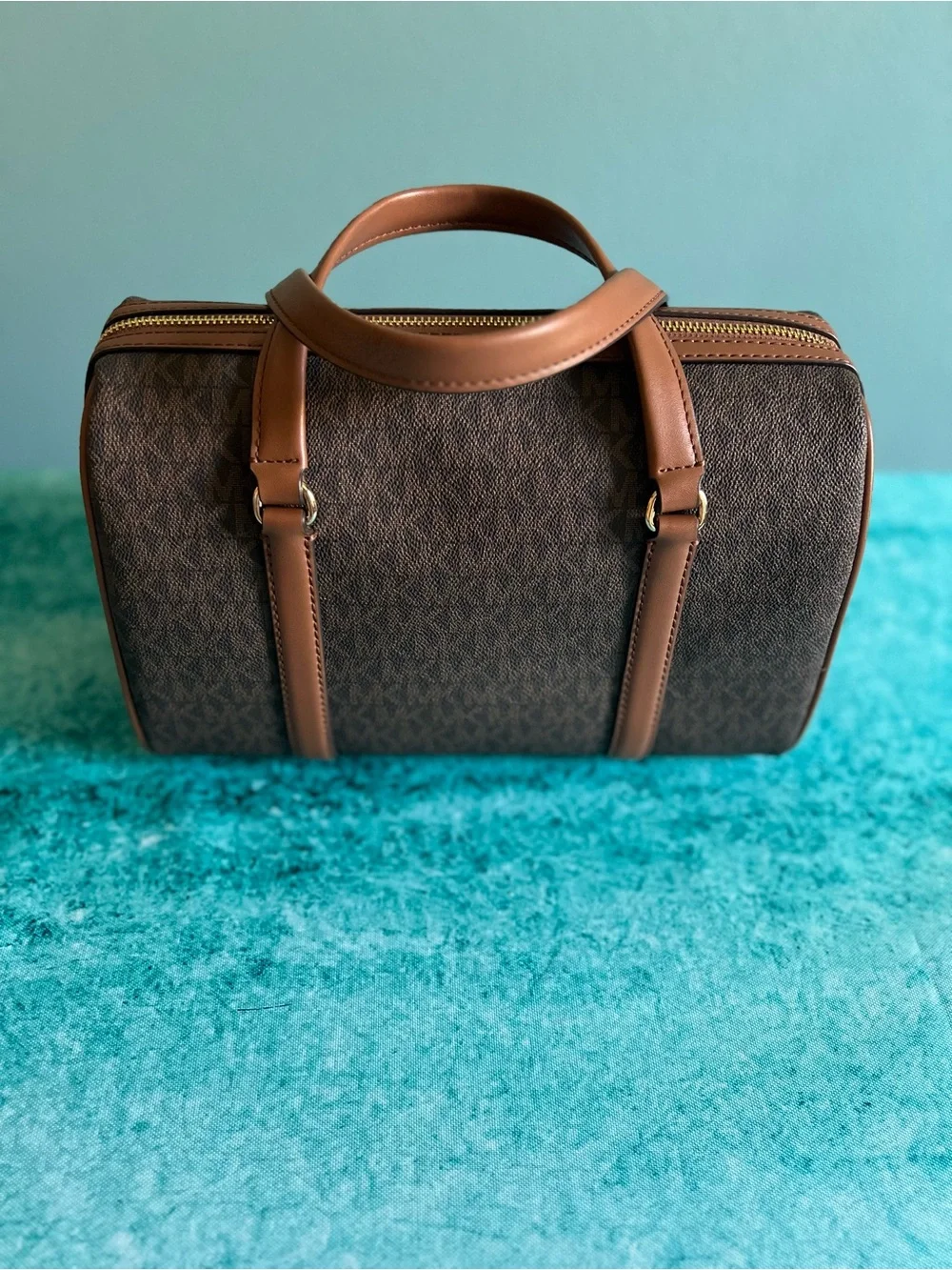 Michael Kors Brown MK Monogram Satchel with Leather Trim